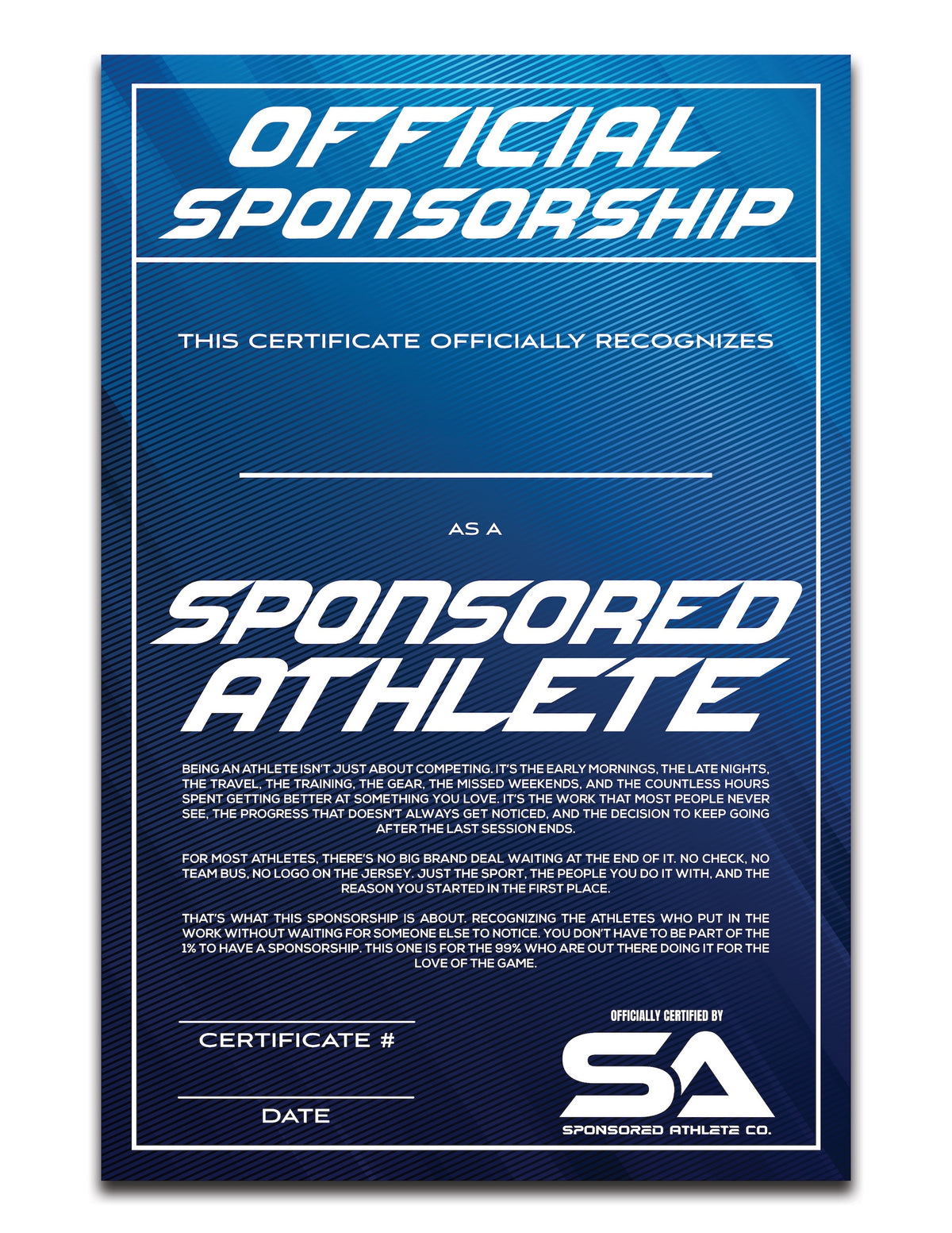 Sponsored Athlete Certificate